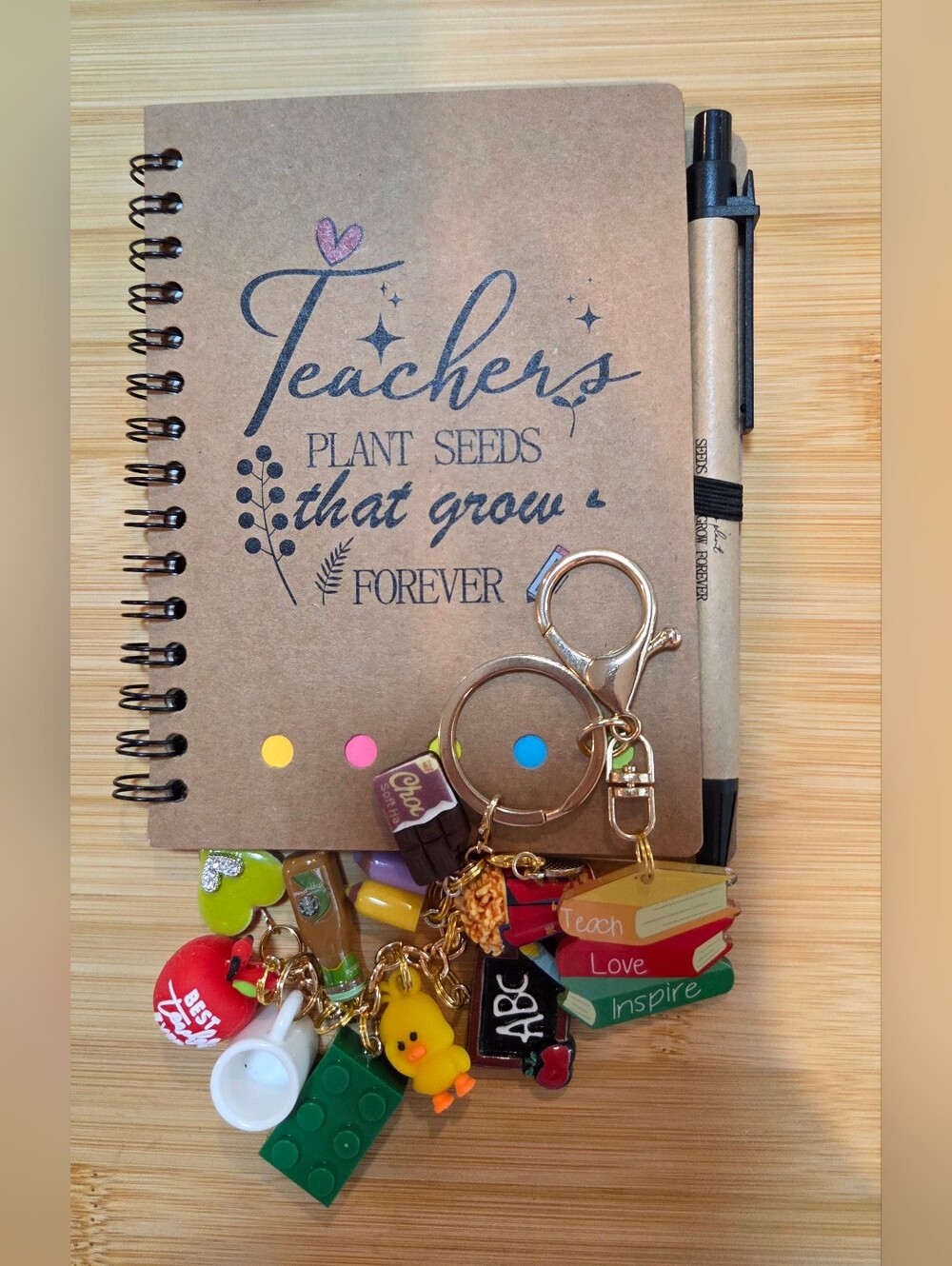 Teacher's Bundle - Kraft Notebook with Pen & Keychain with Fun Charms!